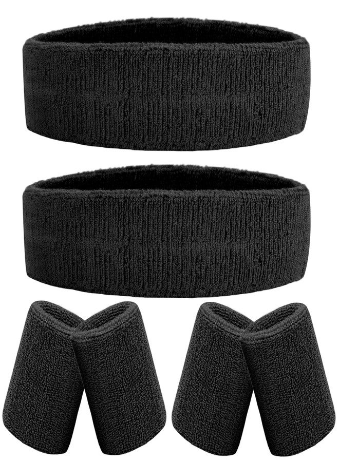 IMAGERIO 6 Pieces Sweatband Set Sports Headband Wristband Set, Moisture Wicking Athletic Sweatbands 4 Wrist Sweatband and 2 Headbands, Terry Cloth Sweat Absorbing Head Band for Workout -Black - Image 1